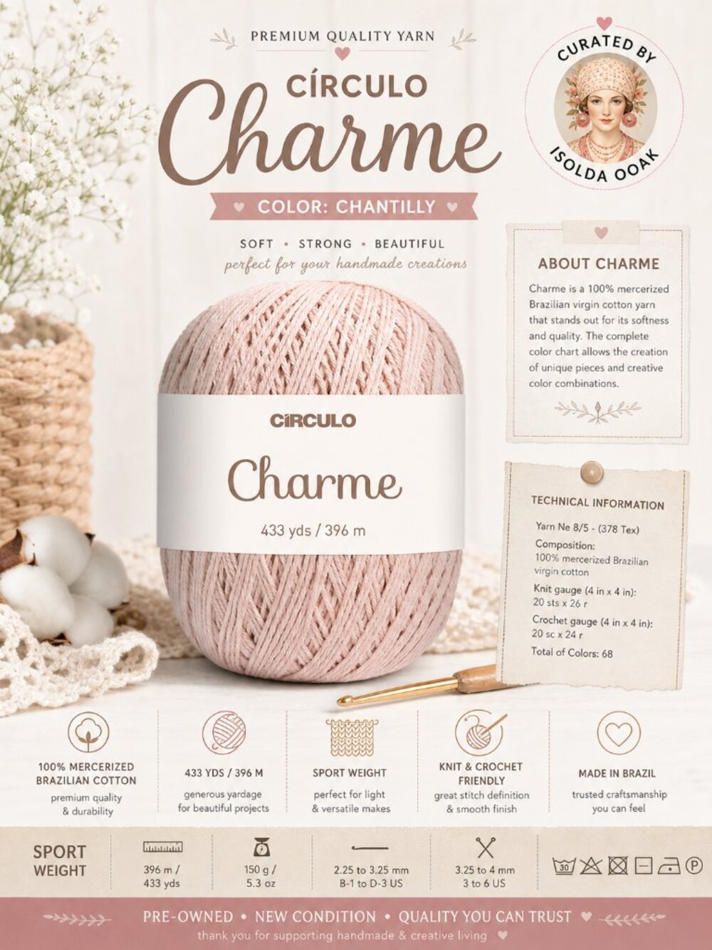 Circulo Charme Yarn Chantilly Cotton Mercerized 433yds Brazil